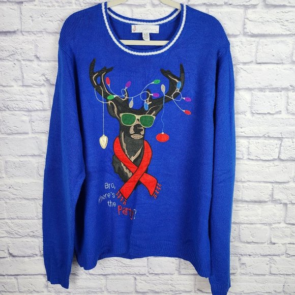 Jolly Sweaters Other - Jolly Sweaters XL Ugly Christmas Sweater Blue Reindeer "Bro, Where's the Party?"